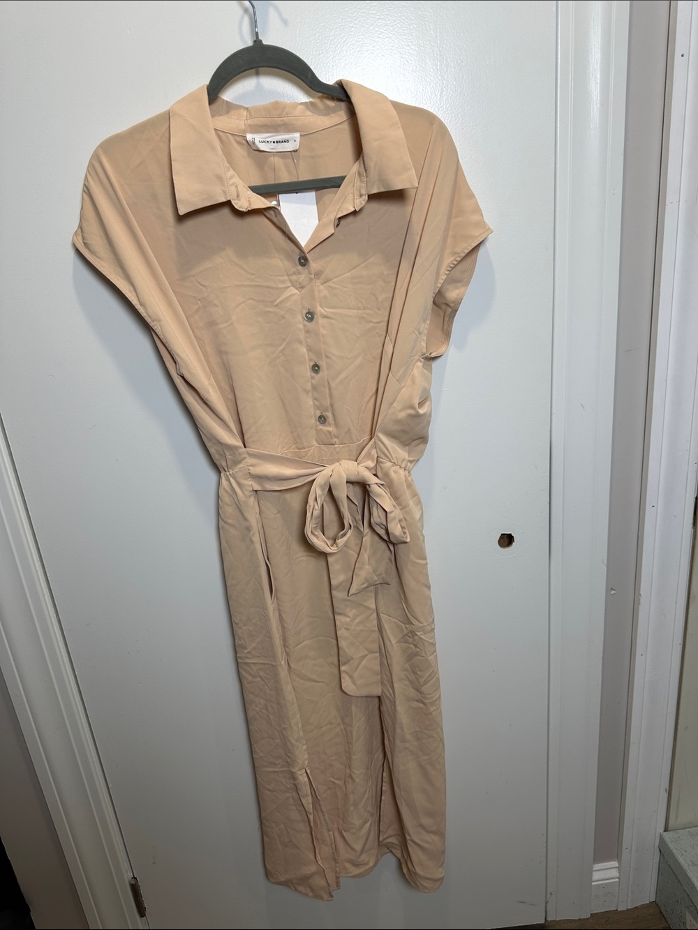 Lucky Brand Blush Beige Midi Shirt Dress with Tie Waist (61)